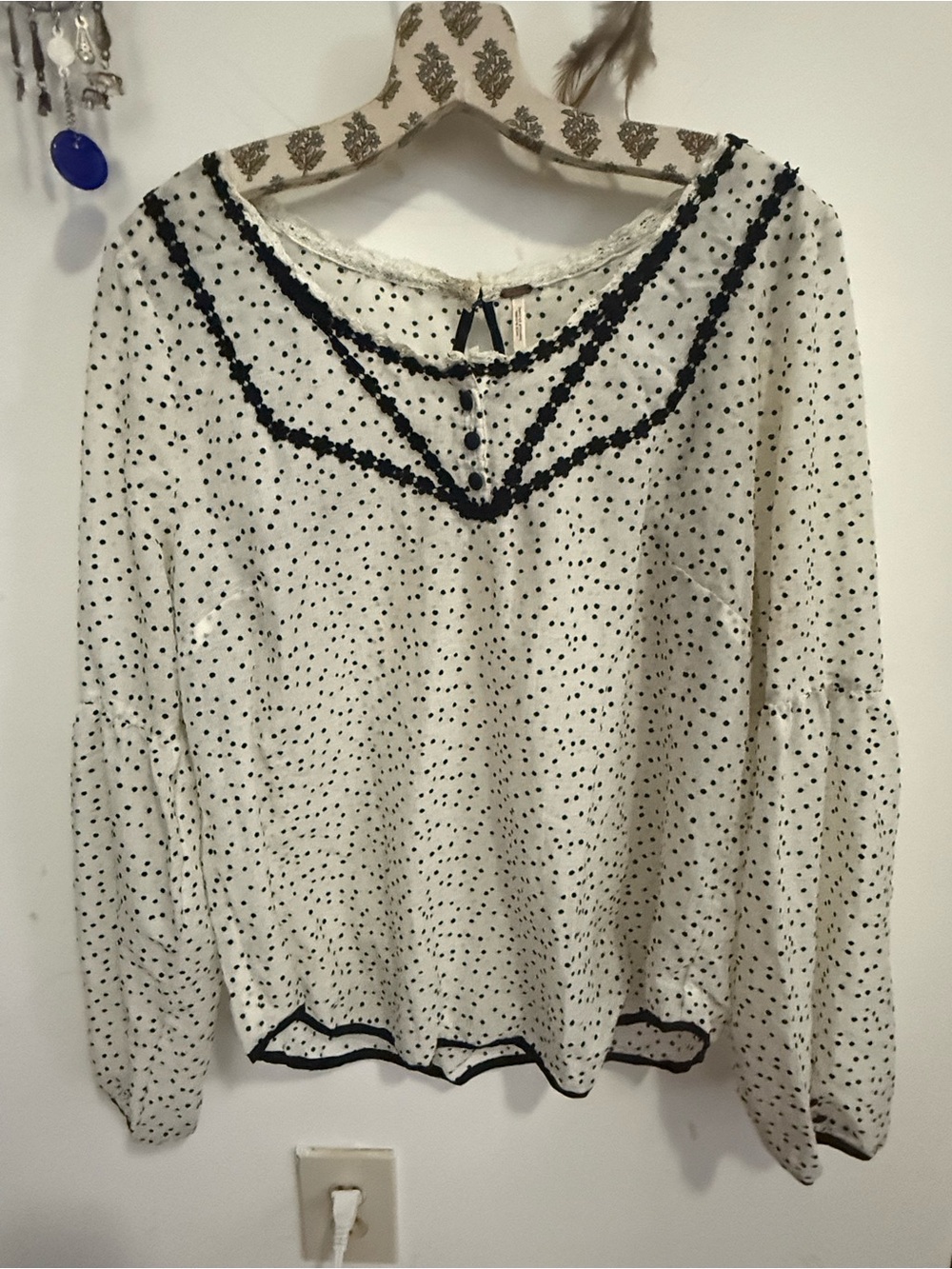 NWT Free People Ivory Comb Polka Dot Peasant Blouse Top Size L Boho $118